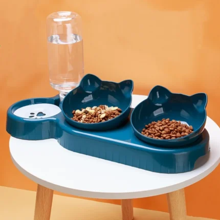Triple Cat Bowls 15°Tilt 3-in-1 Water Feeder Bowls Cat Double Food Bowls with Automatic Water Bottle Bowl Cat Feeding Dishes